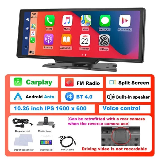 10.26 Inch Dash Cam 4K Rearview Camera Wireless Carplay Android Auto GPS with Voice Control Dashboard DVR Car Monitor - Homevor