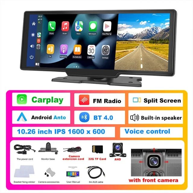 10.26 Inch Dash Cam 4K Rearview Camera Wireless Carplay Android Auto GPS with Voice Control Dashboard DVR Car Monitor - Homevor