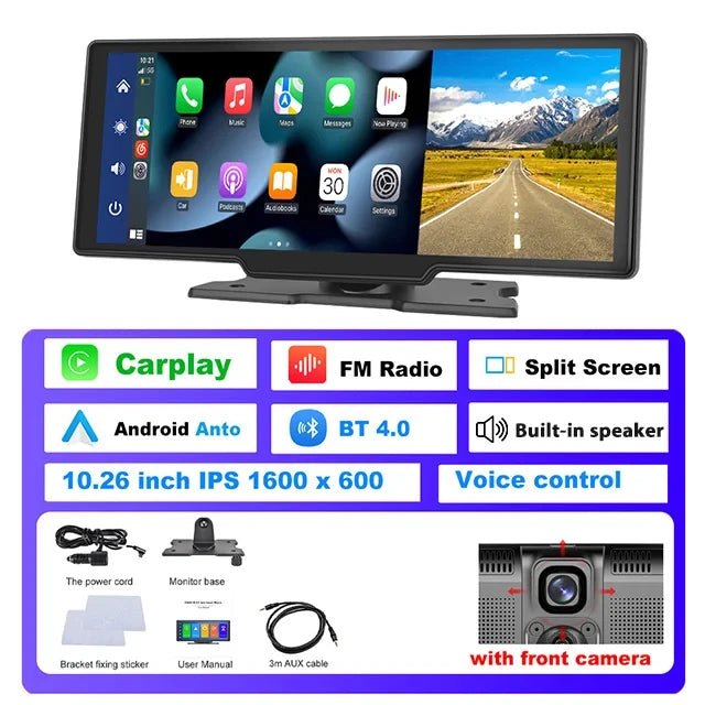 10.26 Inch Dash Cam 4K Rearview Camera Wireless Carplay Android Auto GPS with Voice Control Dashboard DVR Car Monitor - Homevor