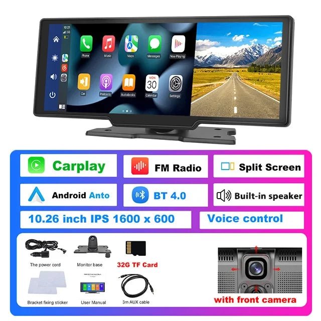 10.26 Inch Dash Cam 4K Rearview Camera Wireless Carplay Android Auto GPS with Voice Control Dashboard DVR Car Monitor - Homevor