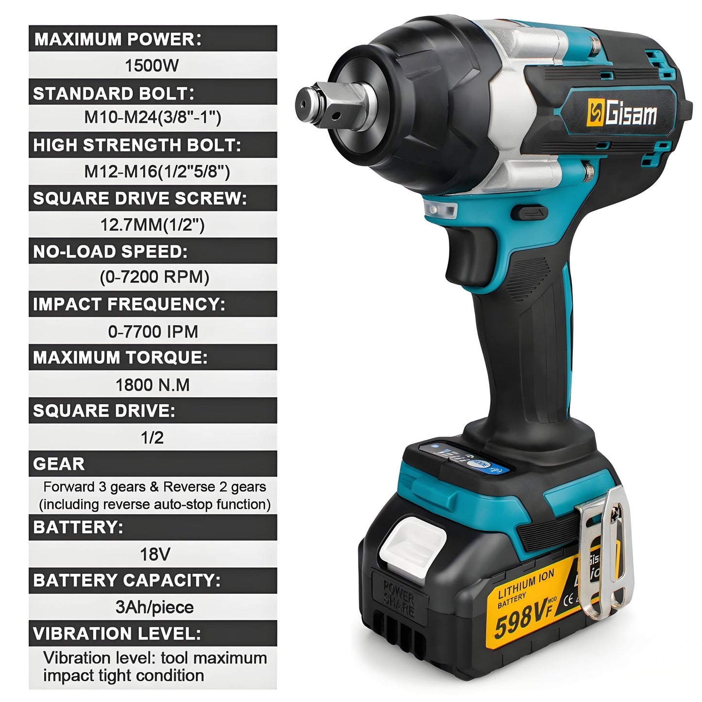 1800N.M Torque Brushless Electric Impact Wrench 1/2 inch Lithium - Ion Battery Cordless Wrench Power Tools For Makita 18V Battery - Homevor