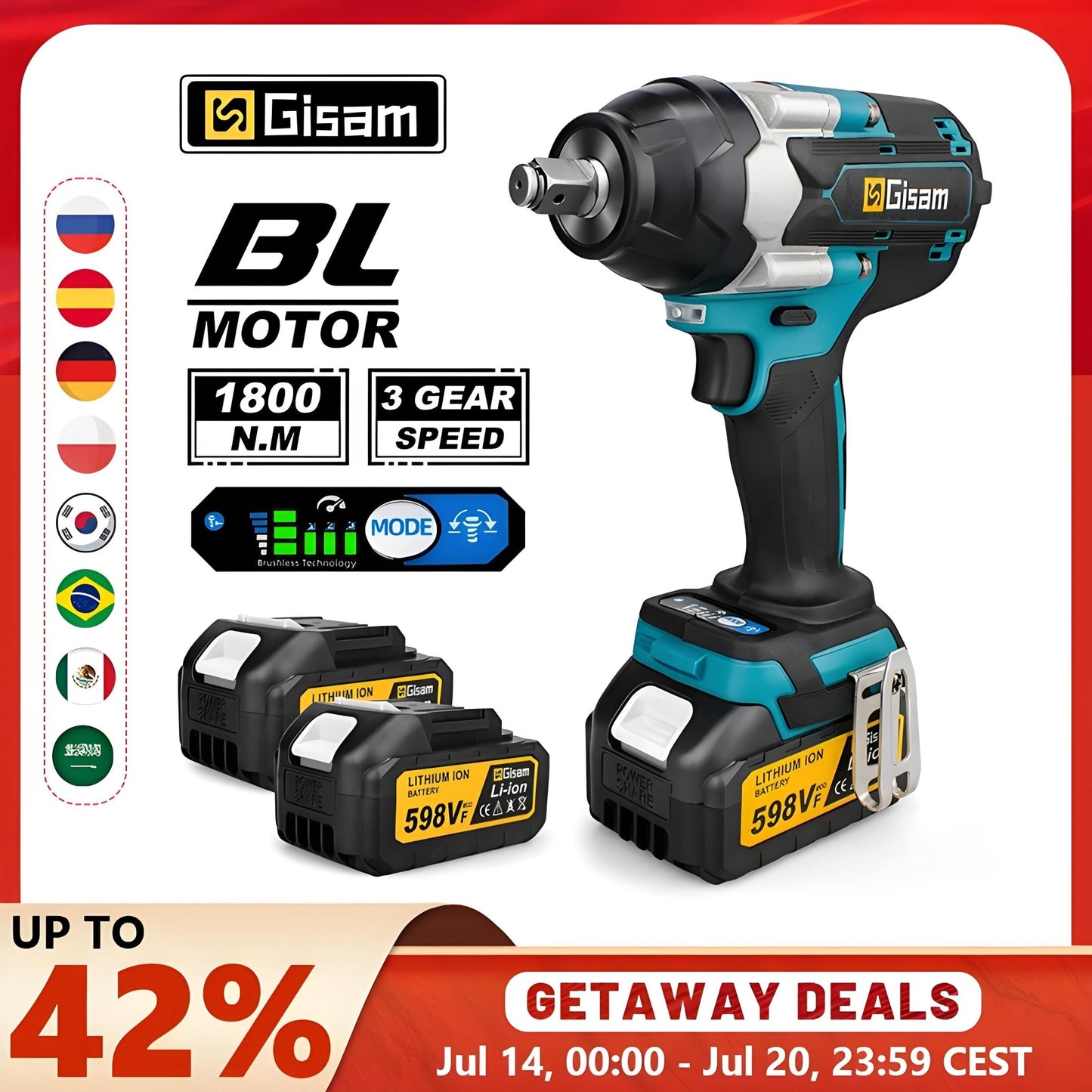 1800N.M Torque Brushless Electric Impact Wrench 1/2 inch Lithium - Ion Battery Cordless Wrench Power Tools For Makita 18V Battery - Homevor