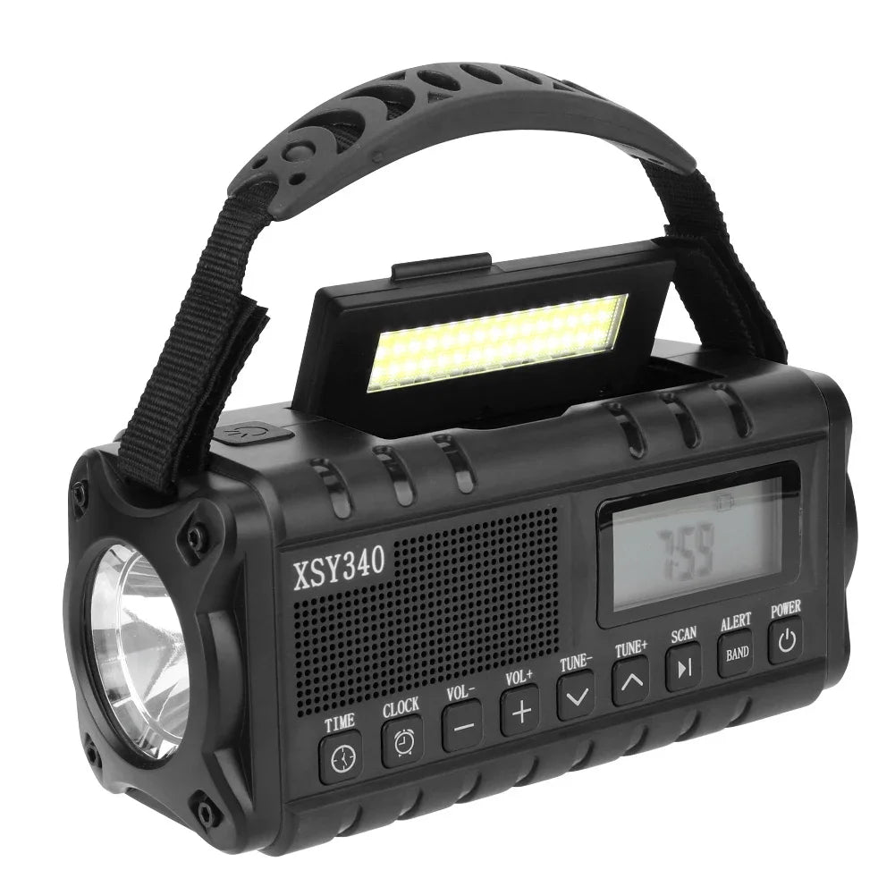 12000mAh Portable Emergency Weather Radio with Dual Solar Panels and Hand Crank