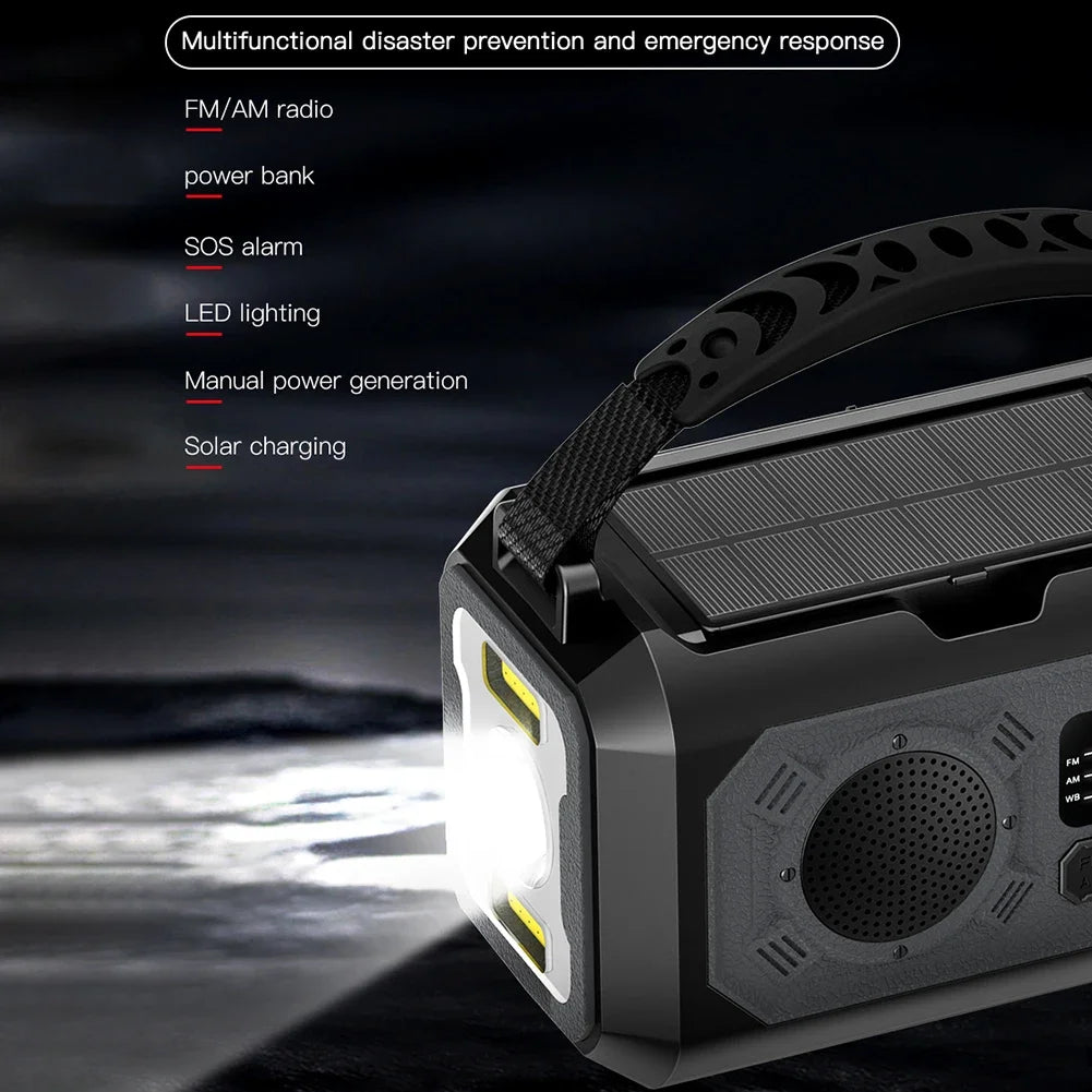 12000mAh Portable Emergency Weather Radio with Dual Solar Panels and Hand Crank