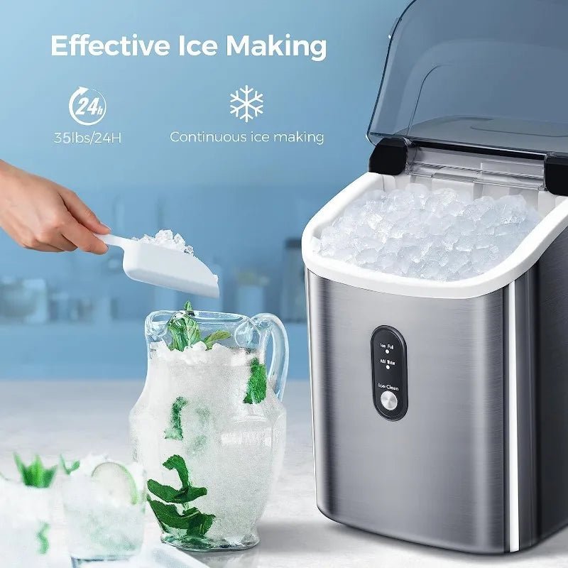 Ice Maker Countertop, Portable Pebble Ice Maker Machine, 35lbs/Day Chewable Ice, Self - Cleaning, Stainless Steel - Homevor