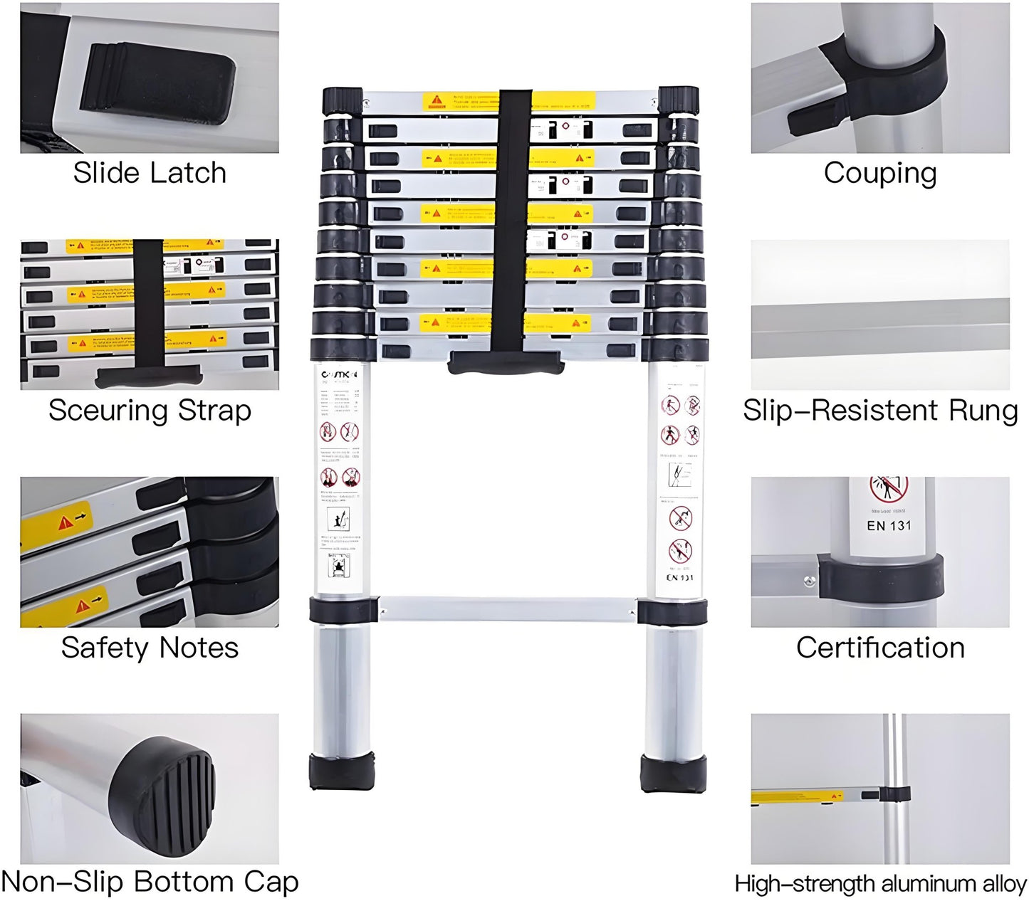 Telescoping Ladder 3.2M / 10.5ft Aluminum Folding Telescopic Ladder Portable Lightweight Collapsible Ladder for Home Loft,330lb - Homevor