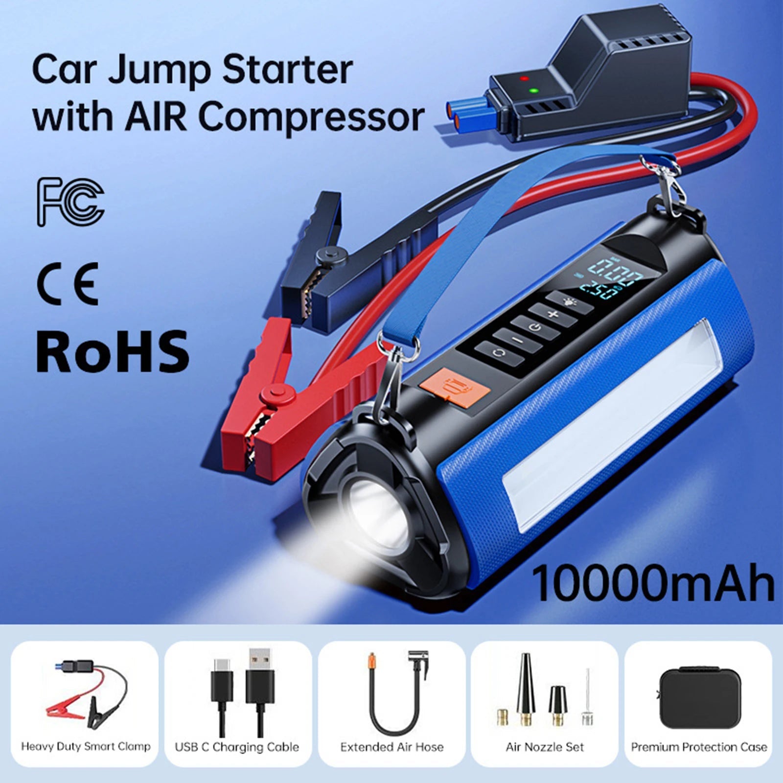 10000Mah Emergency Car Jump Starter with Air Compressor Battery Peak Current 1000A Battery Pack Car Rescue Starting Power Bank - Homevor