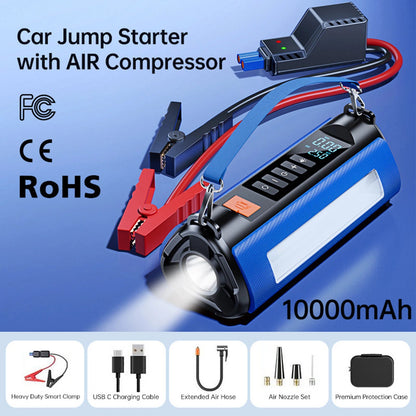 10000Mah Emergency Car Jump Starter with Air Compressor Battery Peak Current 1000A Battery Pack Car Rescue Starting Power Bank - Homevor