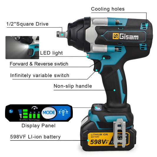 1800N.M Torque Brushless Electric Impact Wrench 1/2 inch Lithium - Ion Battery Cordless Wrench Power Tools For Makita 18V Battery - Homevor
