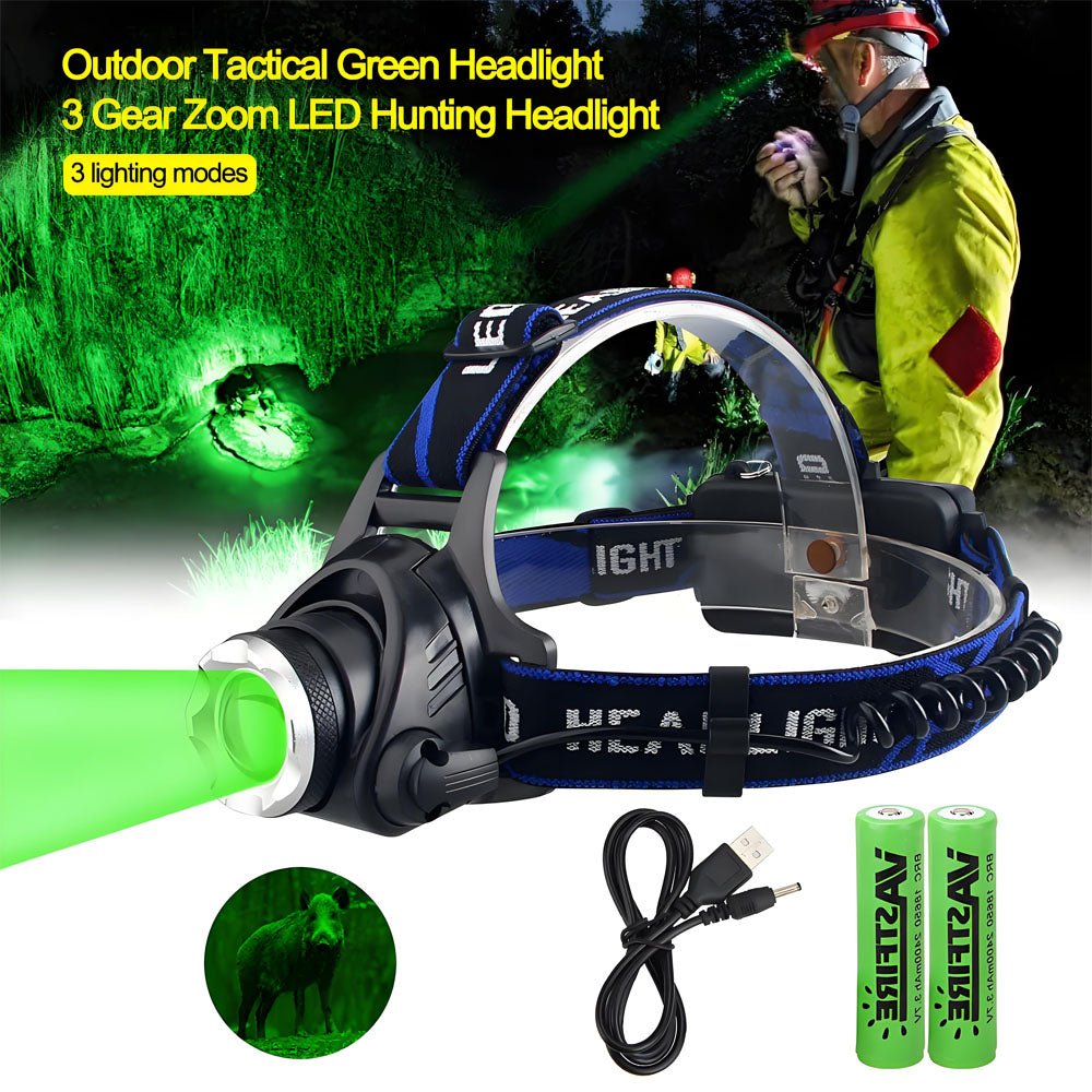 2000LM Zoomable Headlamp Green/Red/UV 395nm Light Outdoor UV Headlight Waterproof USB Head Lamp 3 Modes Torch Hunting Lantern - Homevor