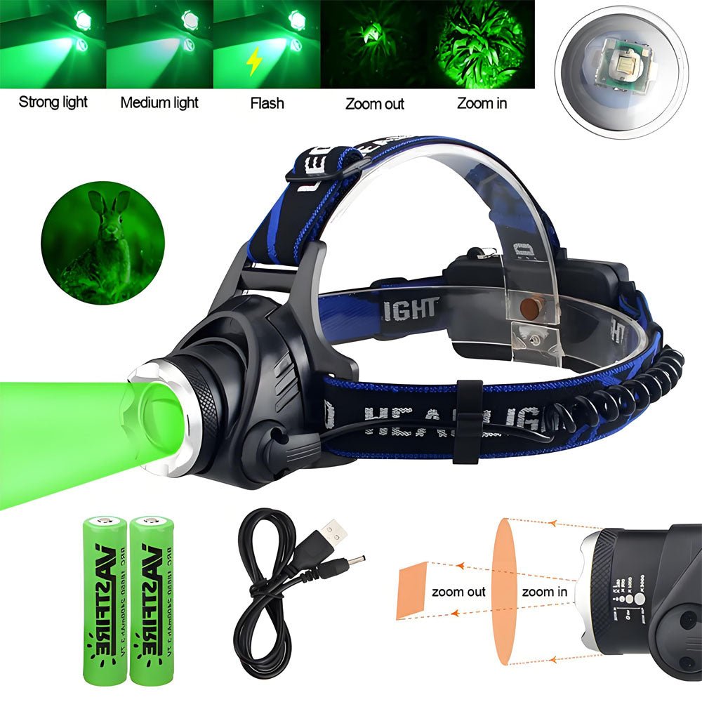 2000LM Zoomable Headlamp Green/Red/UV 395nm Light Outdoor UV Headlight Waterproof USB Head Lamp 3 Modes Torch Hunting Lantern - Homevor