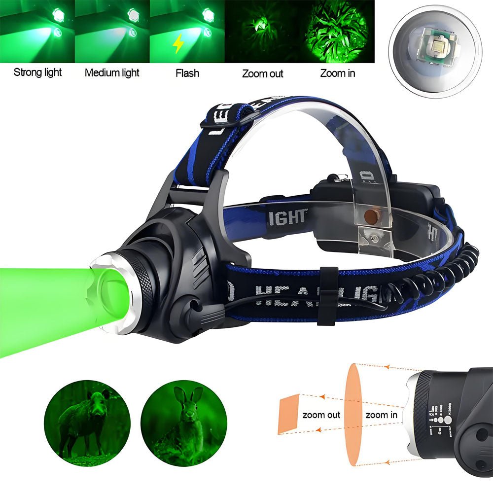2000LM Zoomable Headlamp Green/Red/UV 395nm Light Outdoor UV Headlight Waterproof USB Head Lamp 3 Modes Torch Hunting Lantern - Homevor