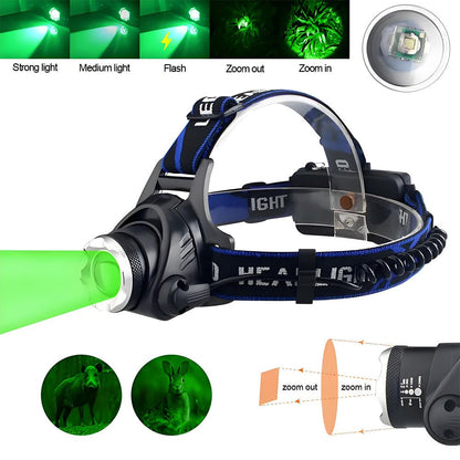 2000LM Zoomable Headlamp Green/Red/UV 395nm Light Outdoor UV Headlight Waterproof USB Head Lamp 3 Modes Torch Hunting Lantern - Homevor