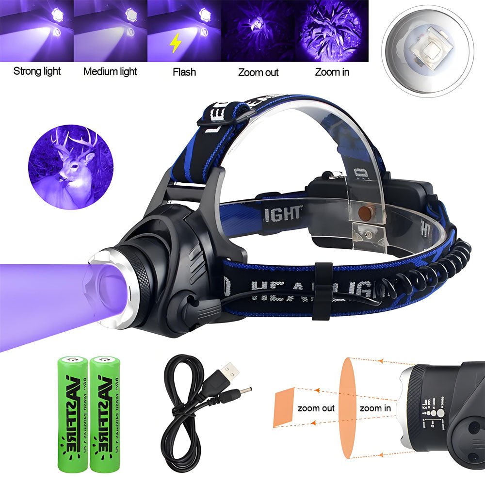 2000LM Zoomable Headlamp Green/Red/UV 395nm Light Outdoor UV Headlight Waterproof USB Head Lamp 3 Modes Torch Hunting Lantern - Homevor