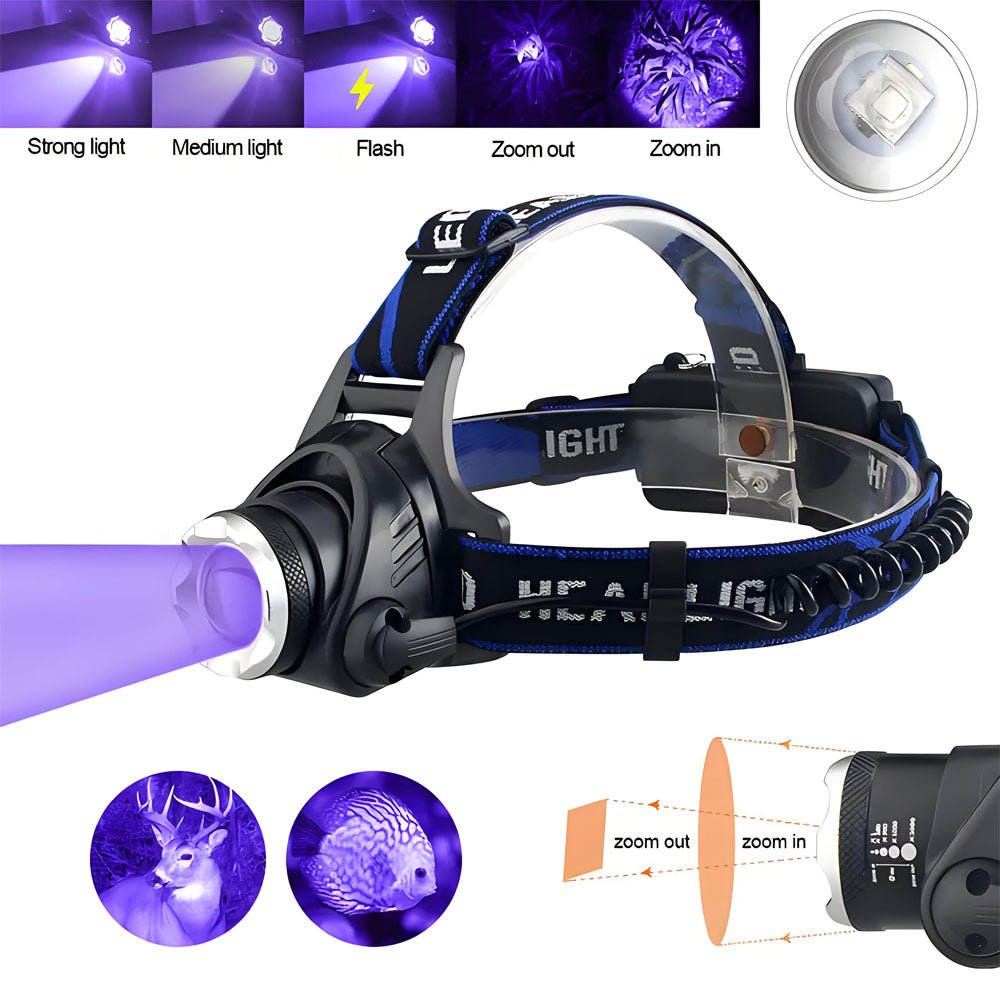 2000LM Zoomable Headlamp Green/Red/UV 395nm Light Outdoor UV Headlight Waterproof USB Head Lamp 3 Modes Torch Hunting Lantern - Homevor