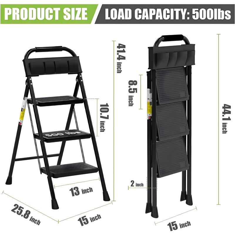 3 Step Ladder EFFIELER Folding Step Stool with Wide Anti - Slip Pedal, 500 lbs Sturdy Steel Ladder, Convenient Handgrip - Homevor