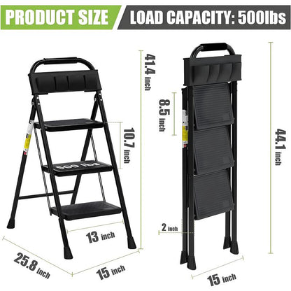 3 Step Ladder EFFIELER Folding Step Stool with Wide Anti - Slip Pedal, 500 lbs Sturdy Steel Ladder, Convenient Handgrip - Homevor
