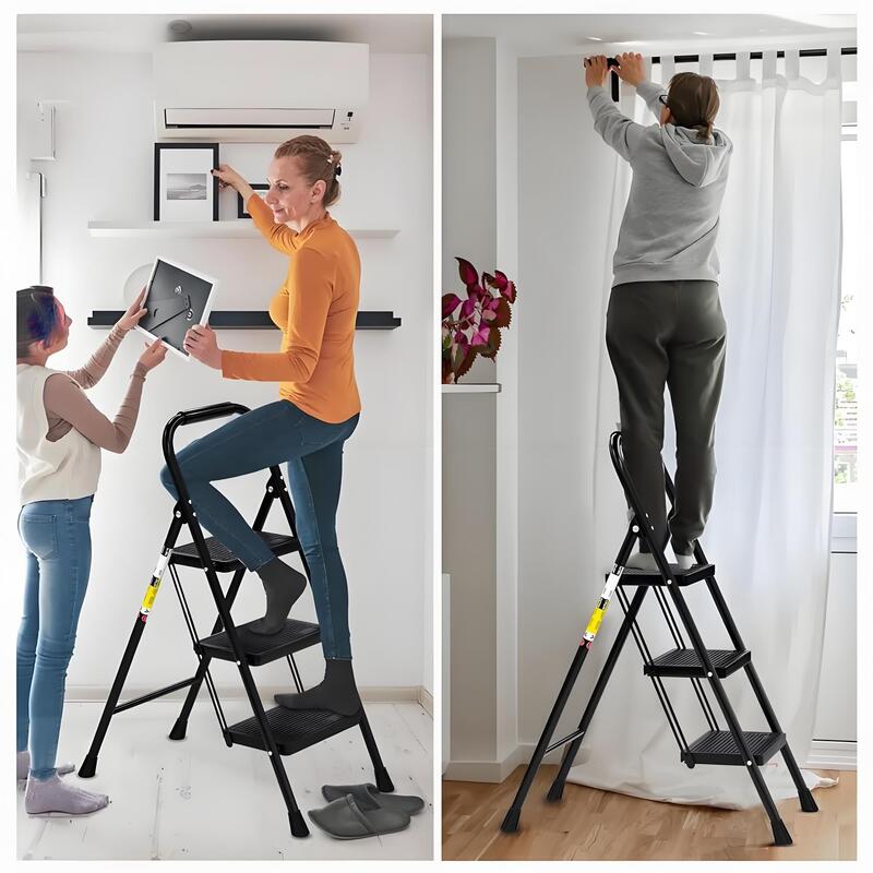 3 Step Ladder EFFIELER Folding Step Stool with Wide Anti - Slip Pedal, 500 lbs Sturdy Steel Ladder, Convenient Handgrip - Homevor