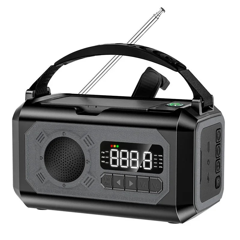 12000mAh přenosné nouzové meteorologické rádio s duálními solárními panely a ruční klikou