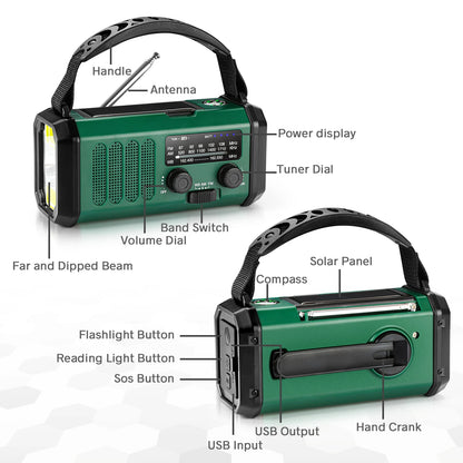 10000mAh Portable Emergency Radio with Solar and Hand Crank