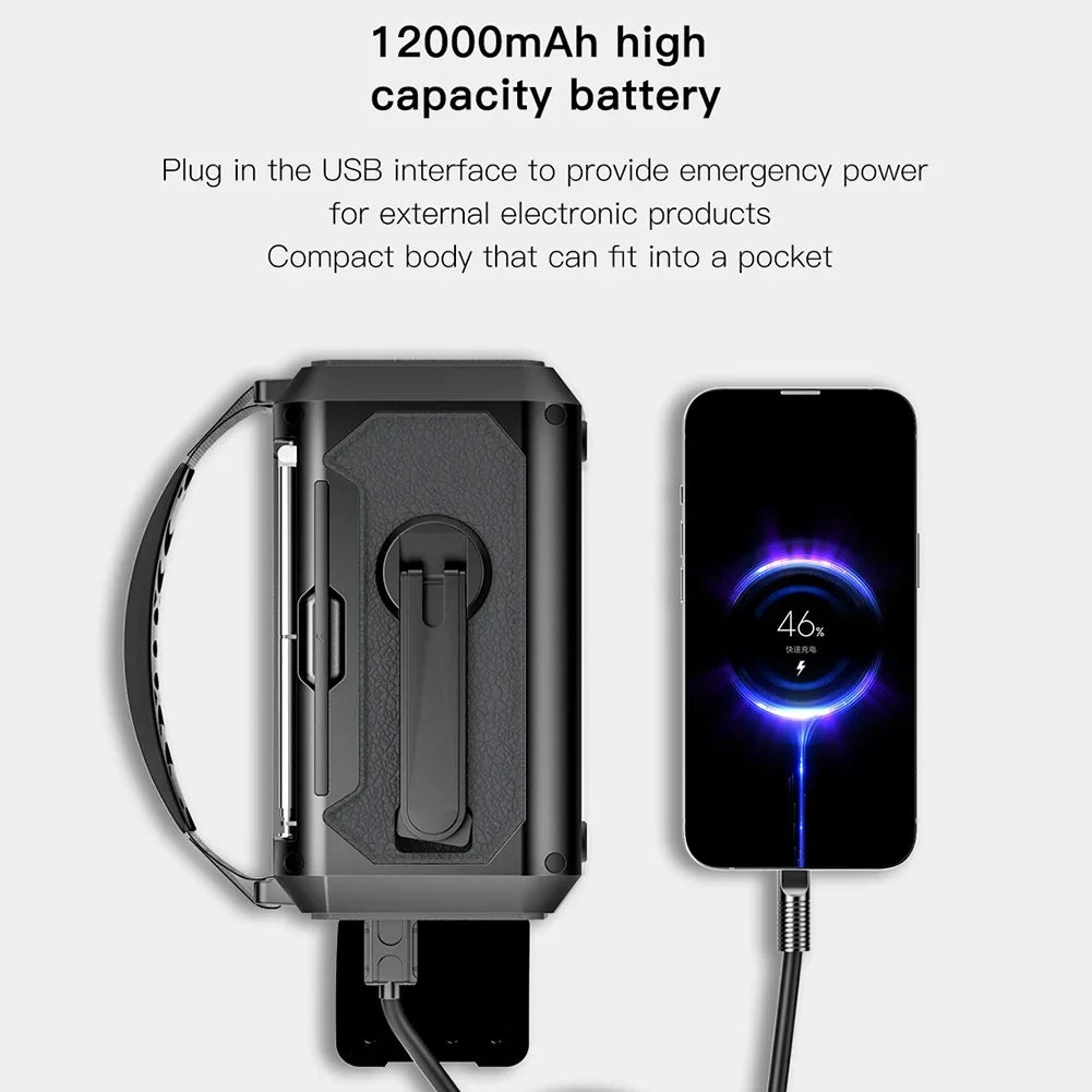12000mAh přenosné nouzové meteorologické rádio s duálními solárními panely a ruční klikou