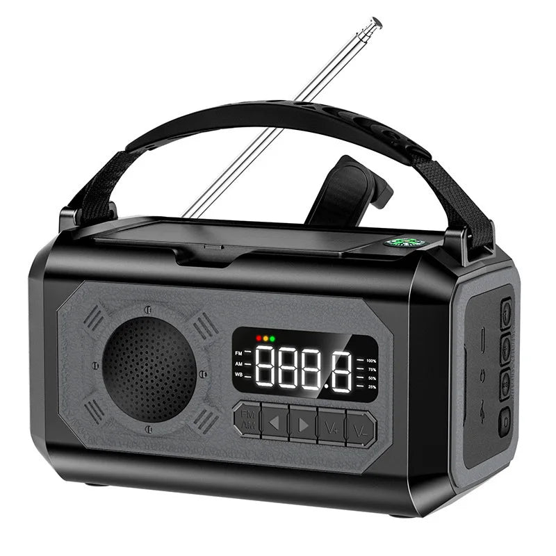 12000mAh přenosné nouzové meteorologické rádio s duálními solárními panely a ruční klikou