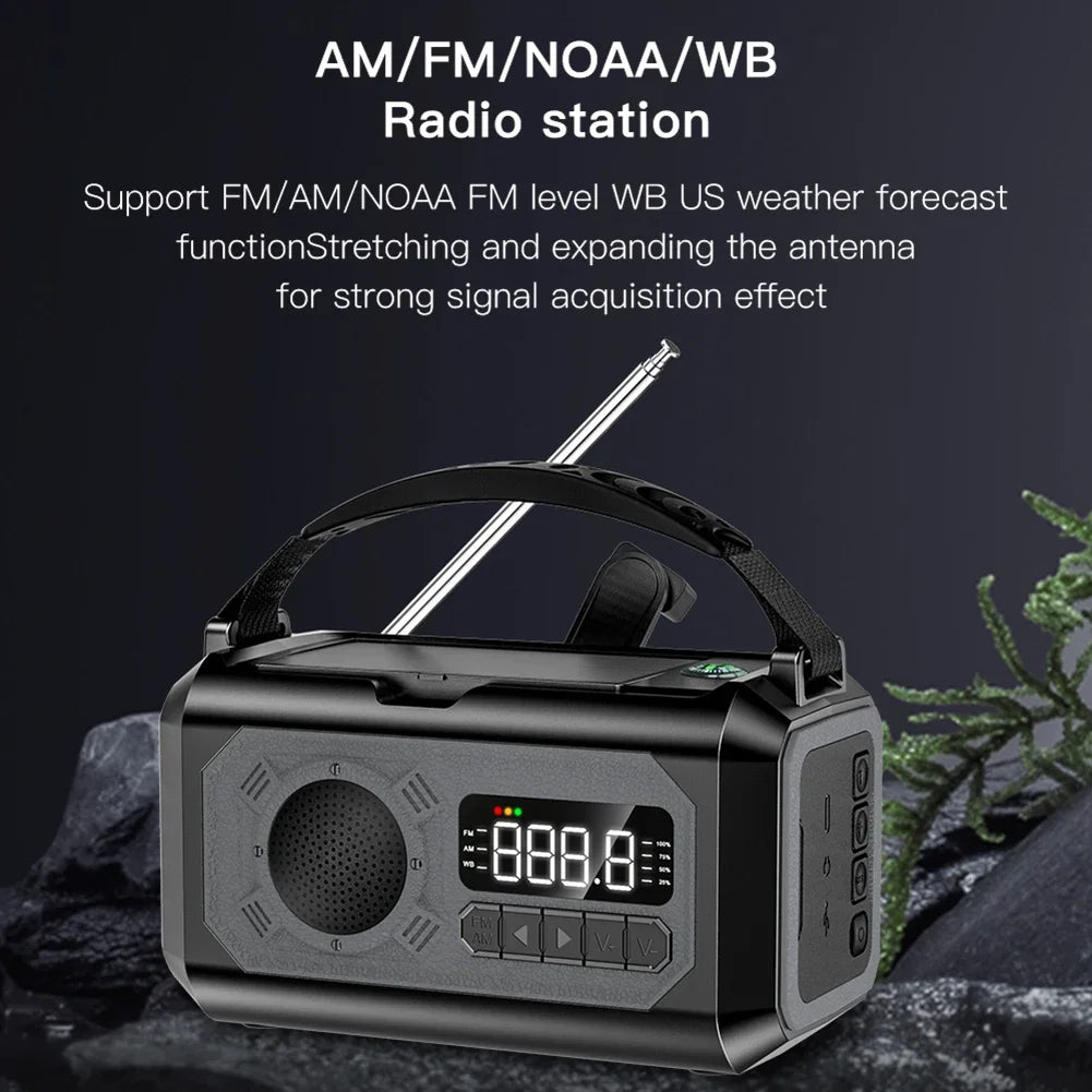 12000mAh přenosné nouzové meteorologické rádio s duálními solárními panely a ruční klikou