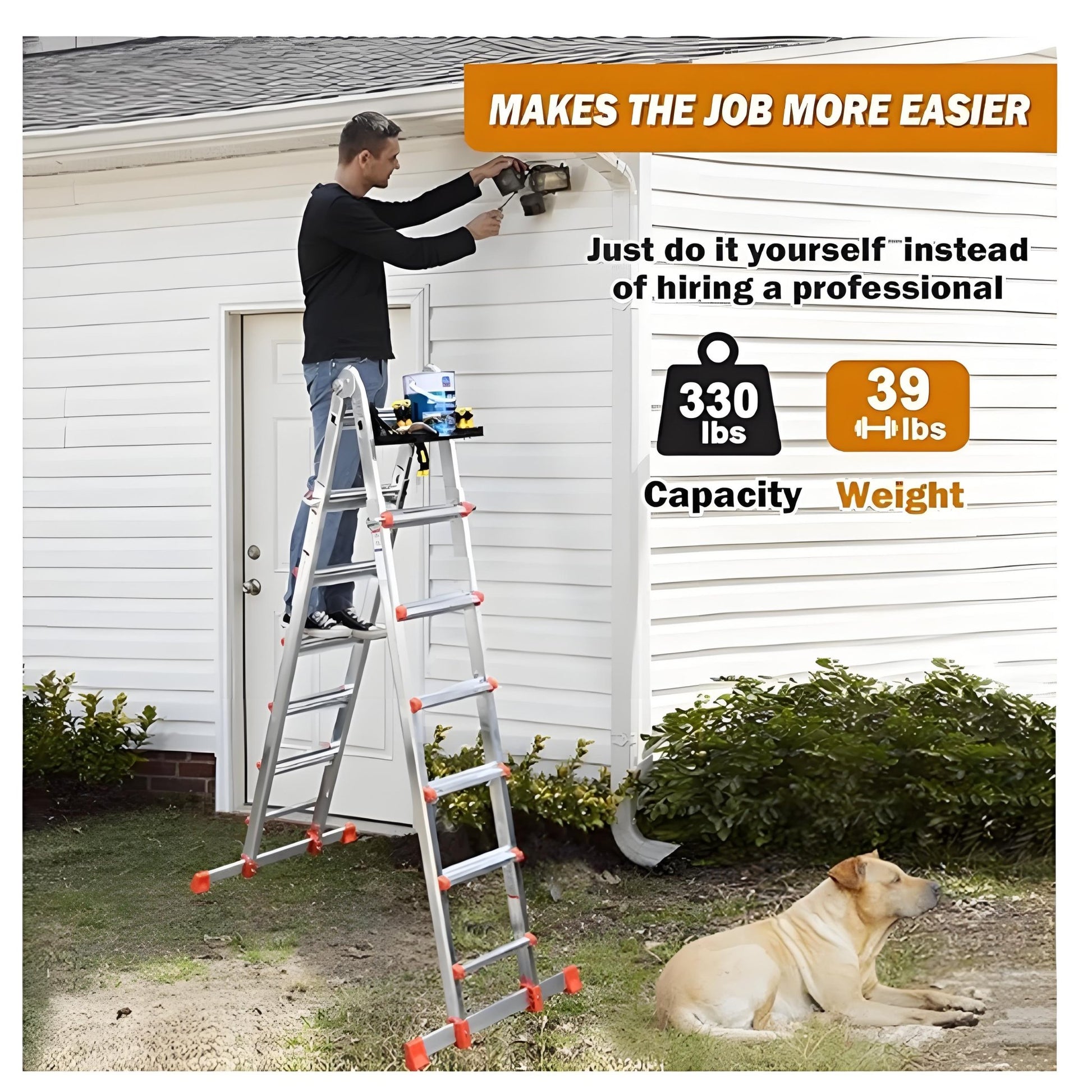 A Frame 4 Step Extension Ladder, 17 Ft With Multi Position & Removable Tool Tray with Stabilizer Bar, Telescoping Ladder - Homevor