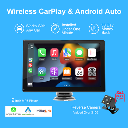 2024 Portable Wireless Carplay Screen for Car Apple Carplay & Android Auto, 9 Inch HD Touch Screen Car Stereo with 1024P Backup Camera/Bluetooth 5.0/Mirror Link/Voice Control/Aux/FM/TF Card Fits Cars - Homevor