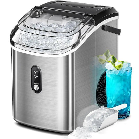 Ice Maker Countertop, Portable Pebble Ice Maker Machine, 35lbs/Day Chewable Ice, Self - Cleaning, Stainless Steel - Homevor