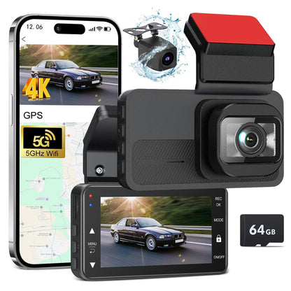 4K Front and 2.5K Rear Dual Dash Cam – Built-in Wi-Fi, ADAS, GPS, 64GB Card