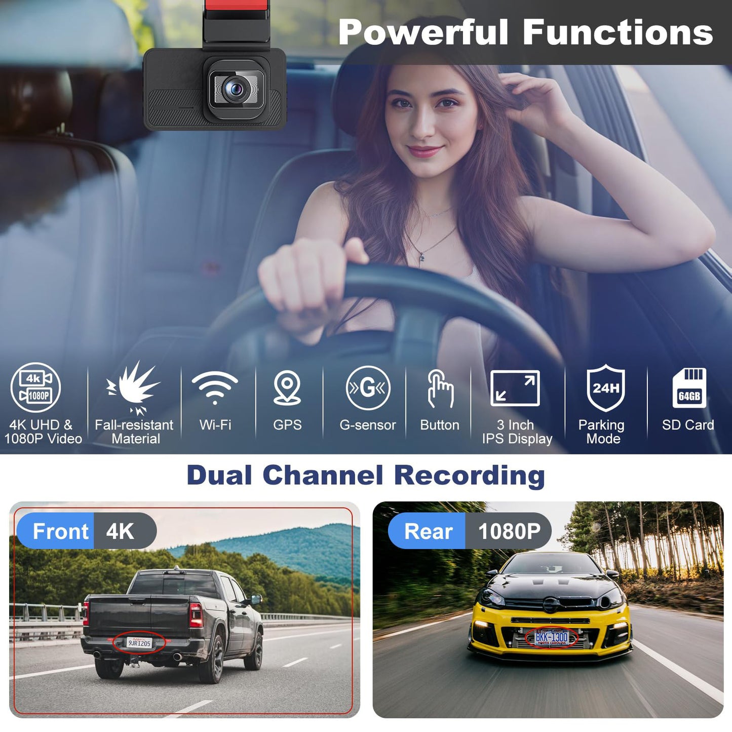 4K Front and 2.5K Rear Dual Dash Cam – Built-in Wi-Fi, ADAS, GPS, 64GB Card