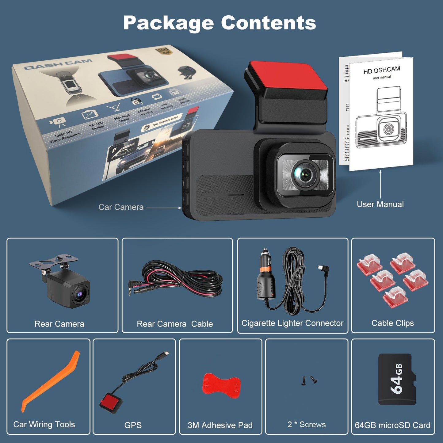 4K Front and 2.5K Rear Dual Dash Cam – Built-in Wi-Fi, ADAS, GPS, 64GB Card